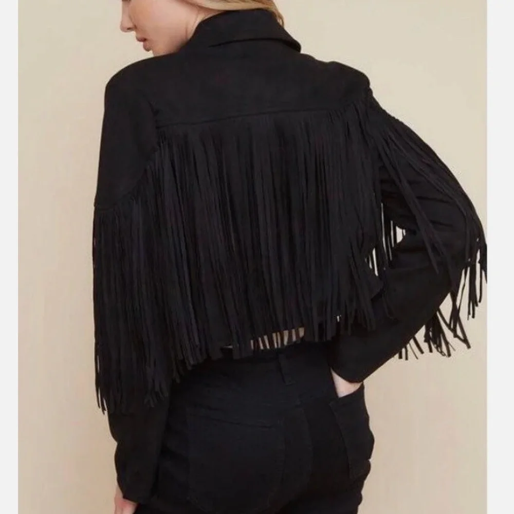 REVEROF Women's Black Faux Suede Leather Fringe Jacket Size L Western Cow Girl - Picture 9 of 10